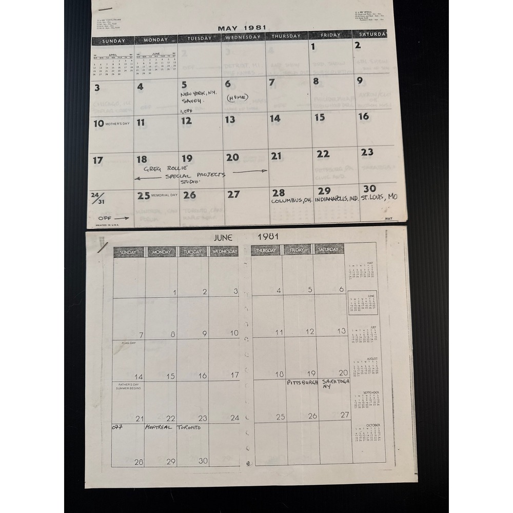Vintage 1981 Santana Gregg Rolie Tour Itinerary Calendar Pages Handwritten Notes